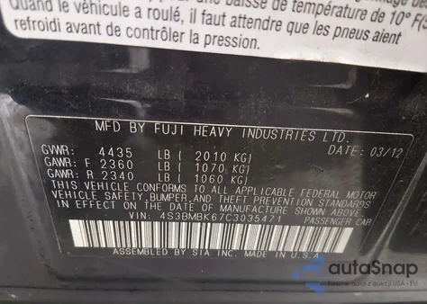 2012 Subaru Legacy 2.5I Limited from USA, damaged, VIN 4S3BMBK67C3035471